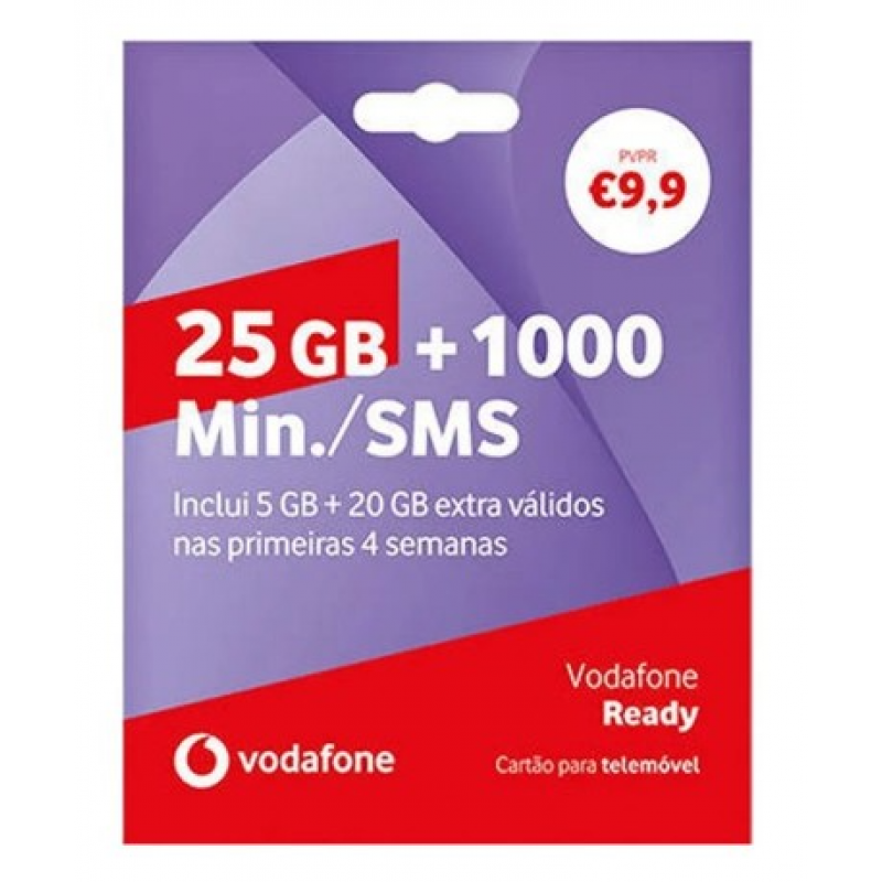 Cartão Vodafone Ready 25GB + 1000 Min/Sms