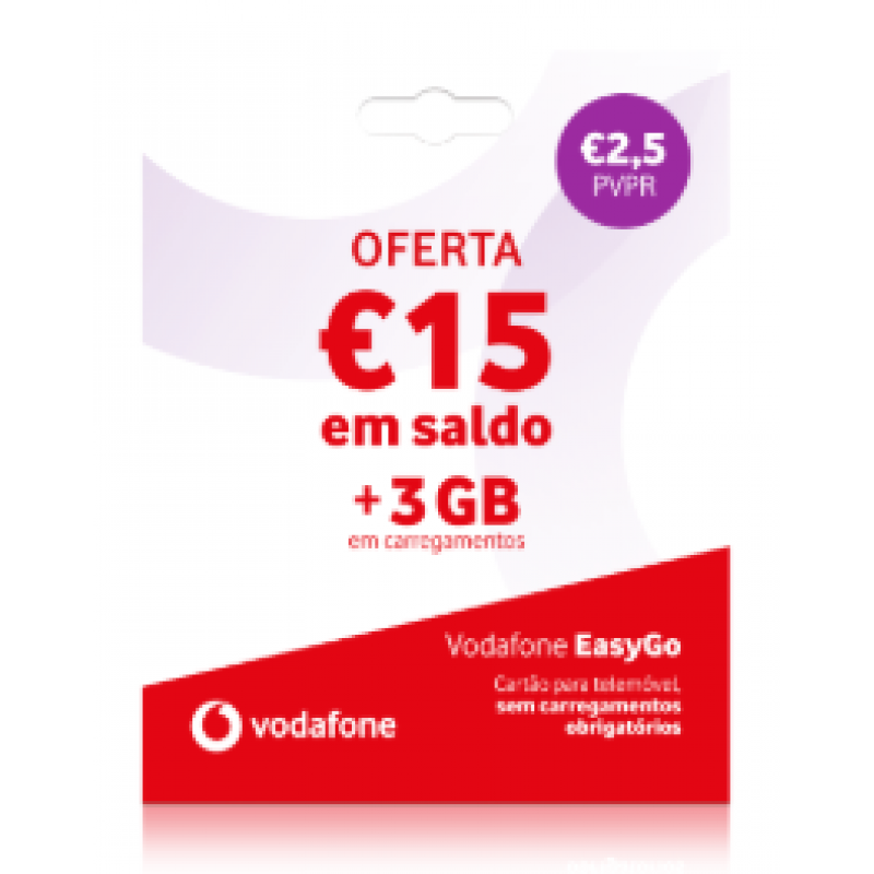 Cartão Vodafone EasyGo 15€ em saldo + 3GB em carregamentos